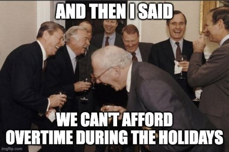 No holiday overtime meme, old men laughing