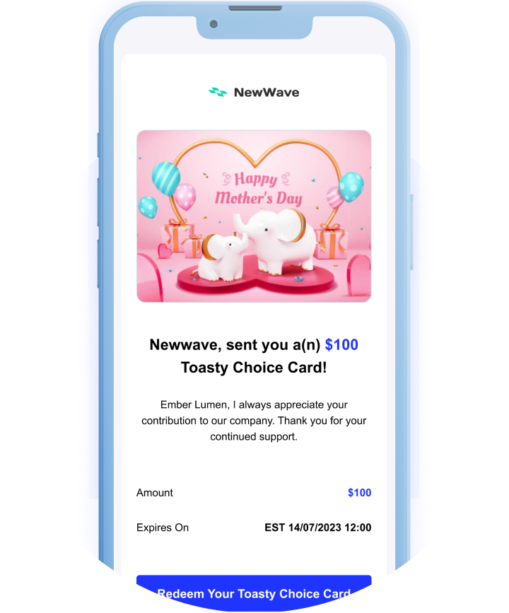 Toasty Choice Card redemption email with Mother's Day gift card design displayed on a mobile device