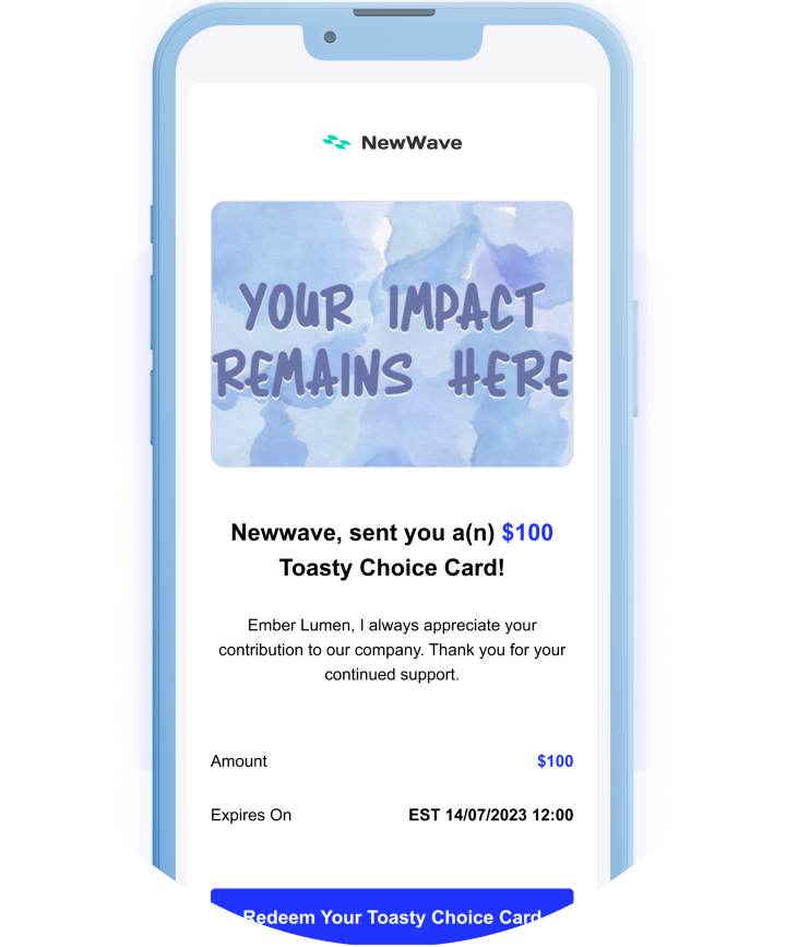 Toasty Choice Card redemption email with personalized retirement gift card design displayed on a mobile device