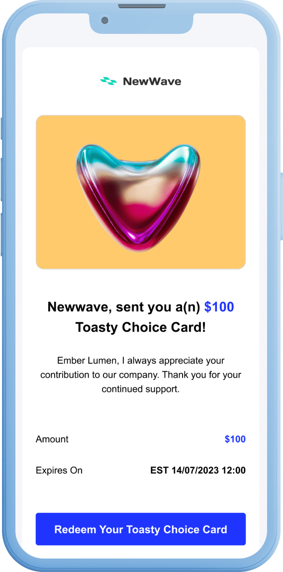 Toasty Choice Card redemption email with redeem button displayed on a mobile device