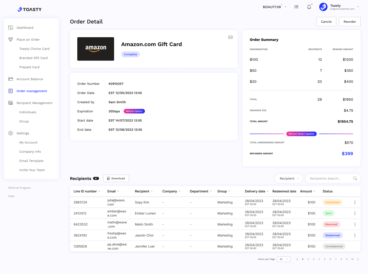 order management page on Toasty Dashboard with Amazon gift card order details